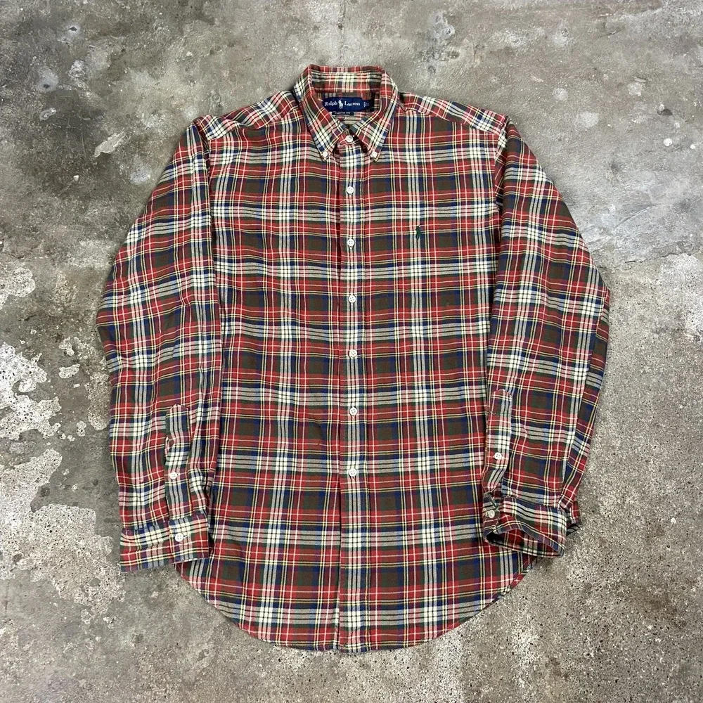 Vintage Polo Ralph Lauren Oxford Button Down Size Large Plaid Green Pony Logo